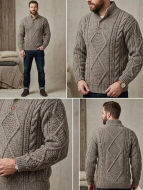 Vintage Heavy Chunky Nueva Cable Knit Sweater - Mock Neck Button Pullover